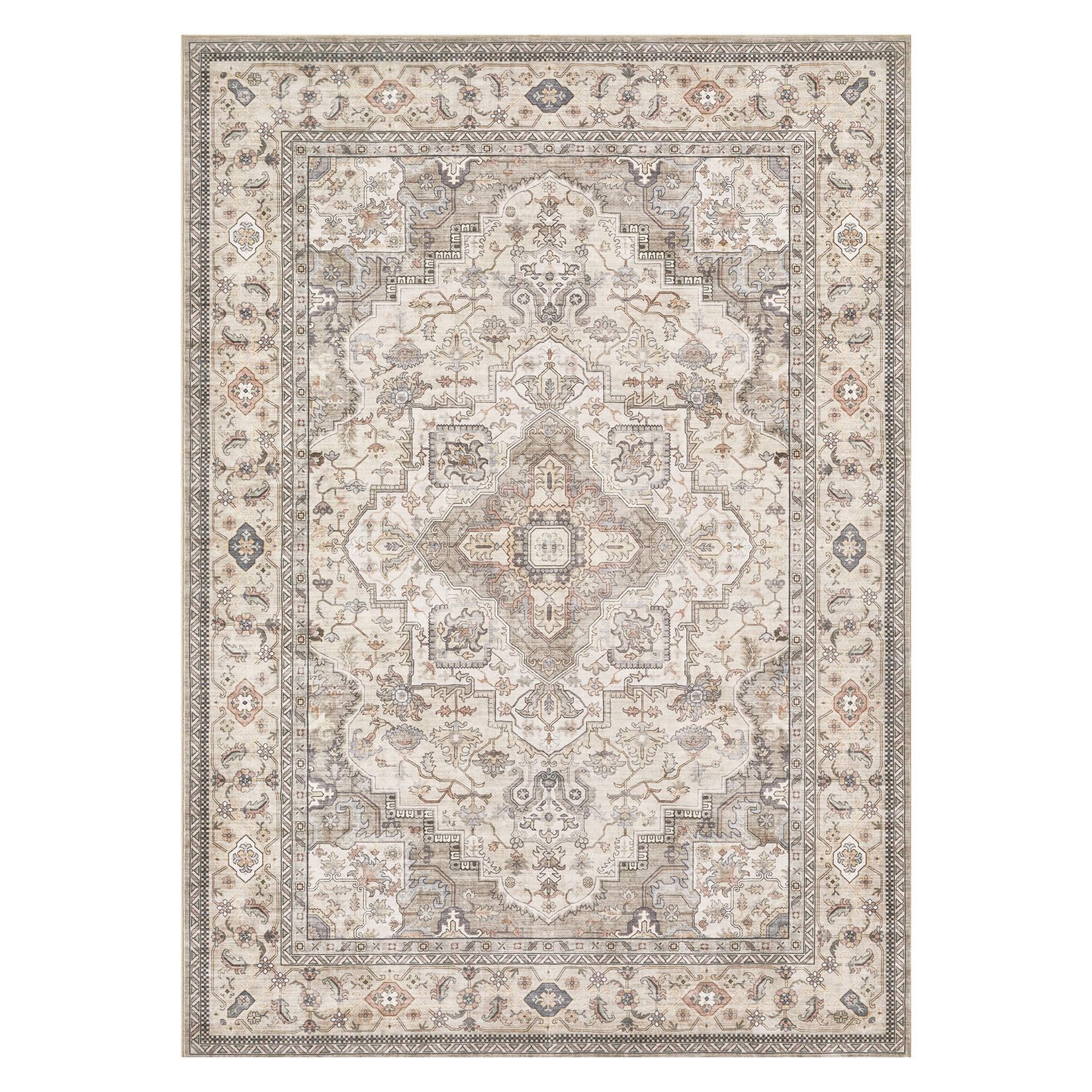Washable Area Rugs for Living Room - 9x12 Neutral Vintage Distressed Floral Farmhouse