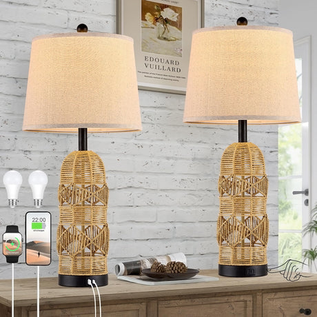 28.5" Rattan Table Lamps for Living Room, Touch Lamps for Bedrooms Set of 2, Night