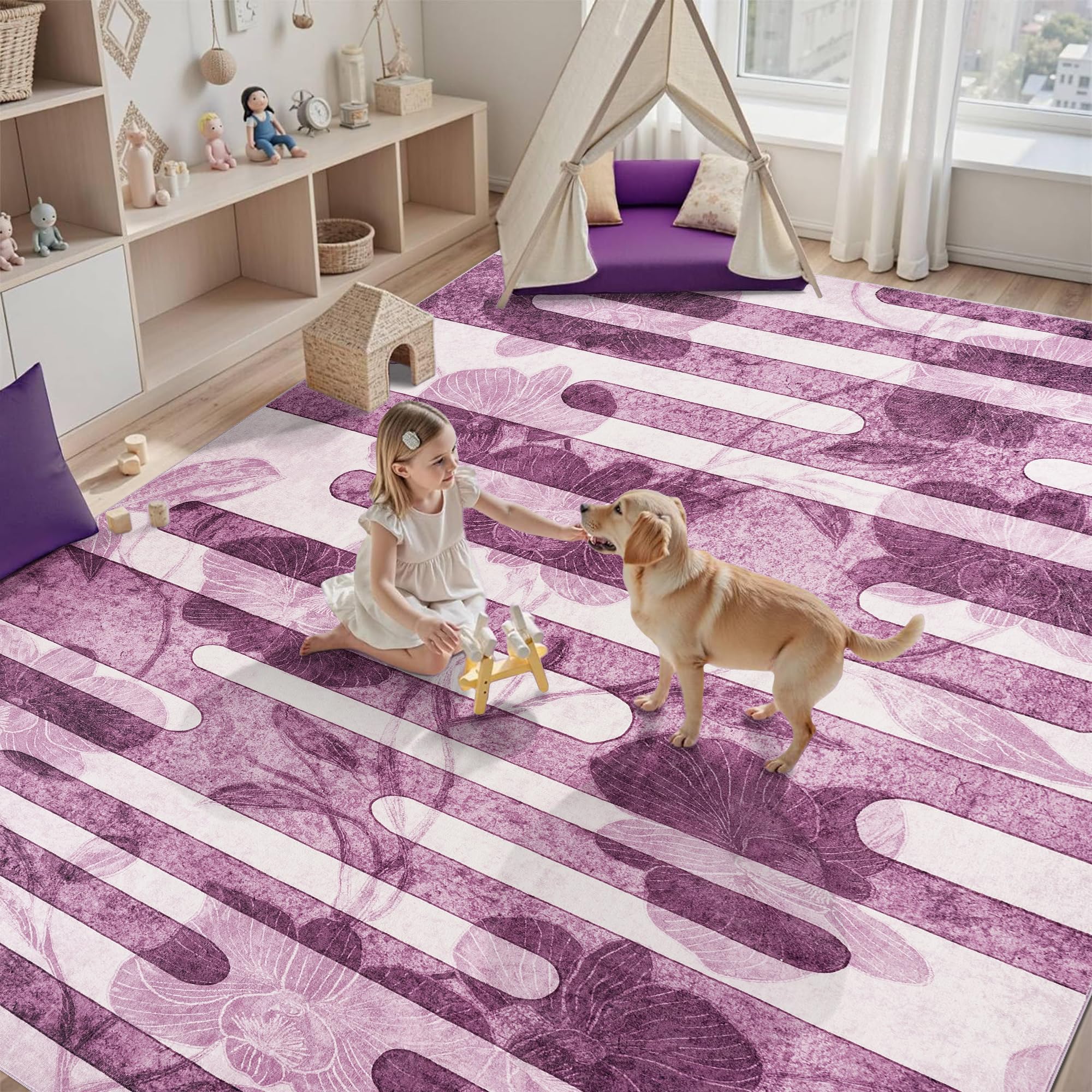 DSKOGYEM Abstract Modern Area Rug, Washable 10x14 Area Rugs with Non-Slip Backing, Ultra Thin Soft Wave Striped Rug for Living Room, Bedroom, Dining Room, Nursery (Purple/White)