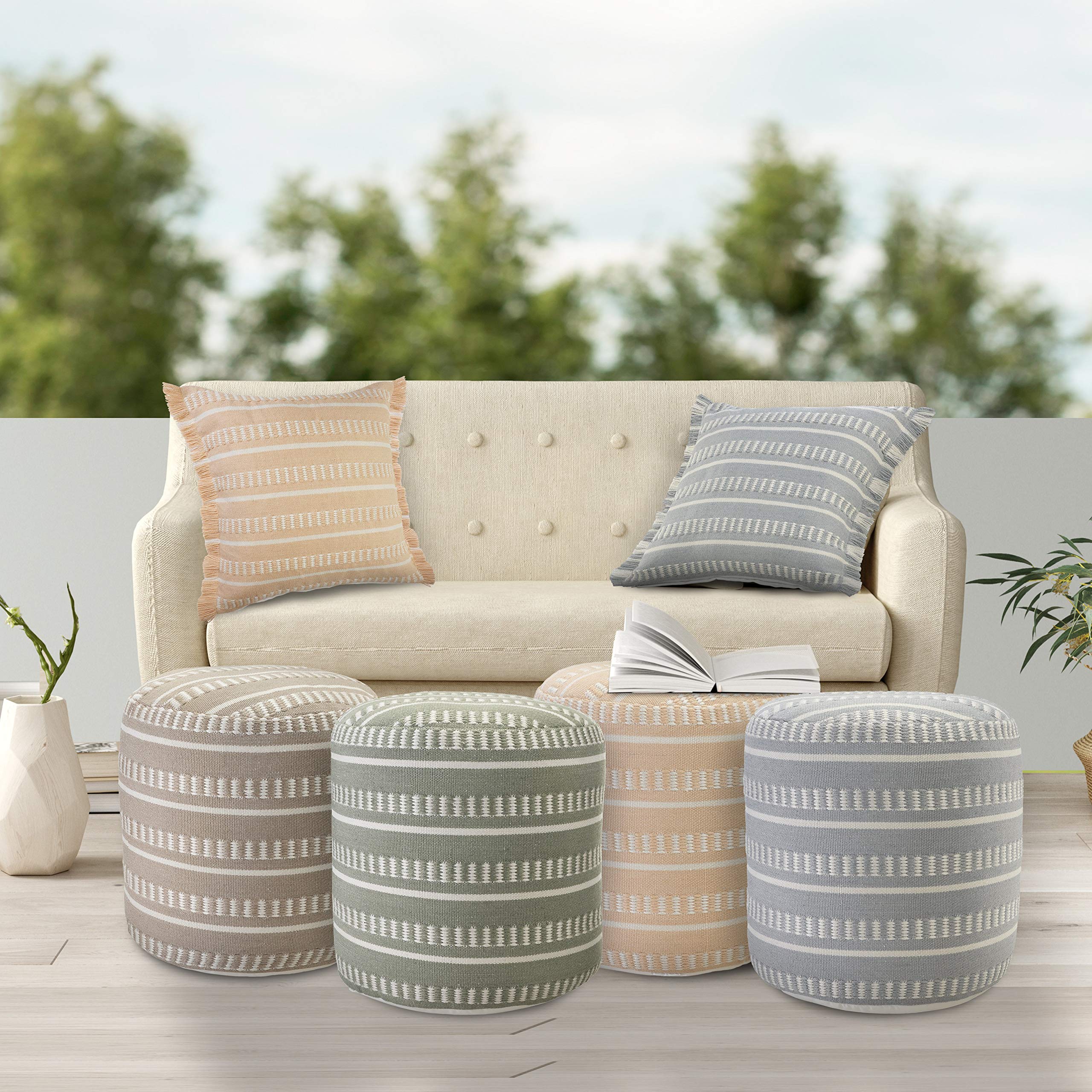 Dash and Stripe Geometric Indoor Outdoor Pouf, Green/White, 20" x 20" x 20"