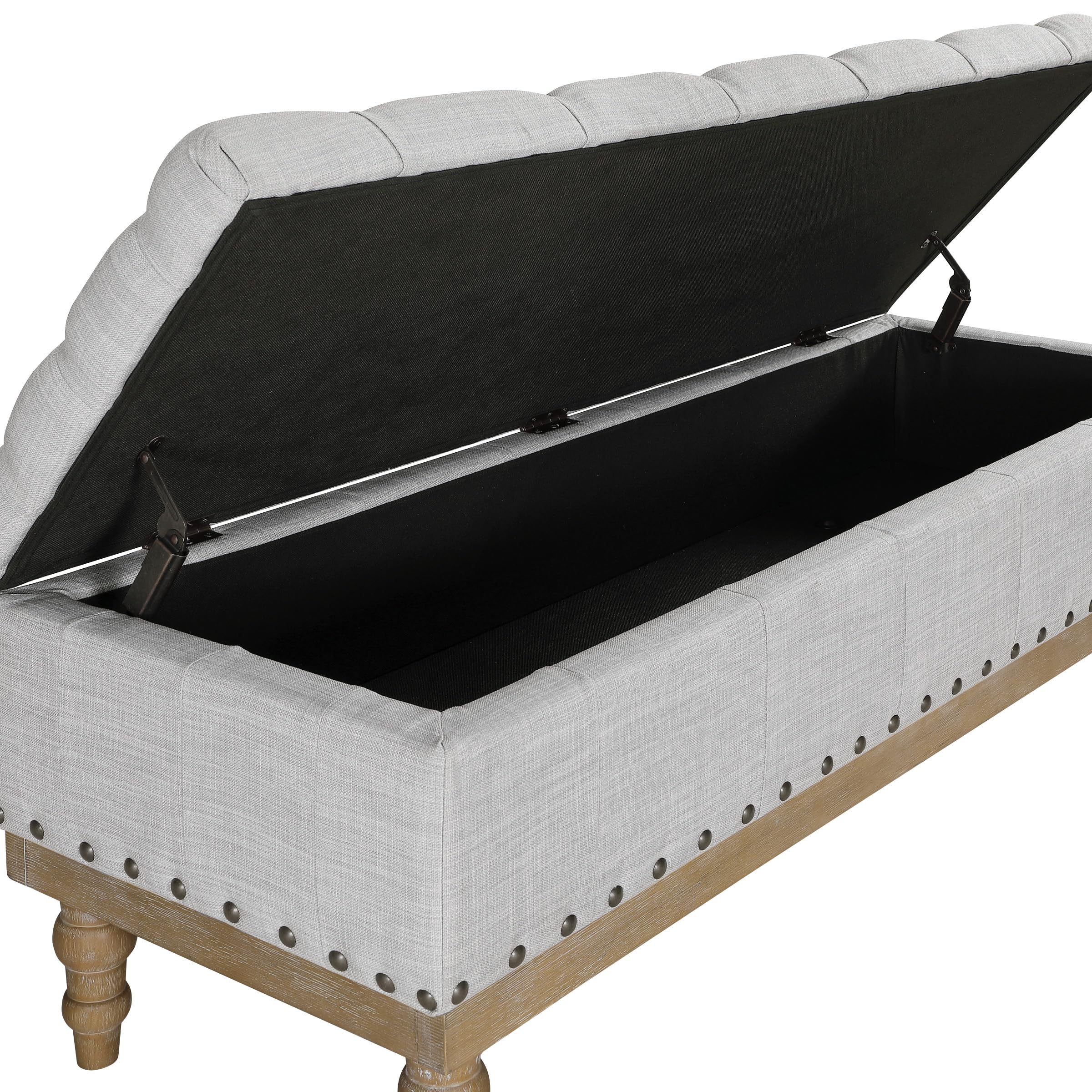 Landis Button Tufted Padded Top Storage Bench with Brushed Legs, Dove Grey Fabric
