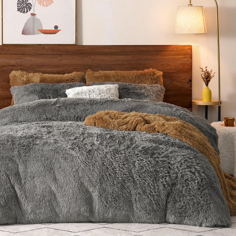 Shaggy Fluffy Faux Fur Duvet Cover Set King Size,Luxury Warm Plush Comforter