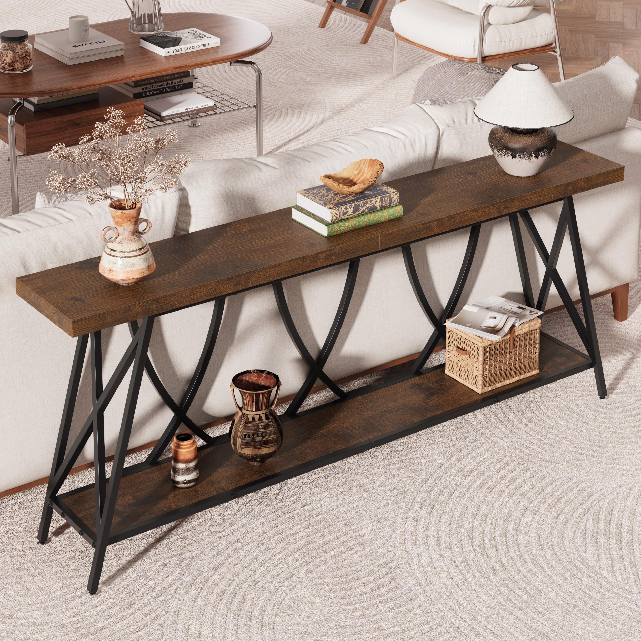 70.9" Narrow Console Table - Industrial Farmhouse Entryway Table with Storage