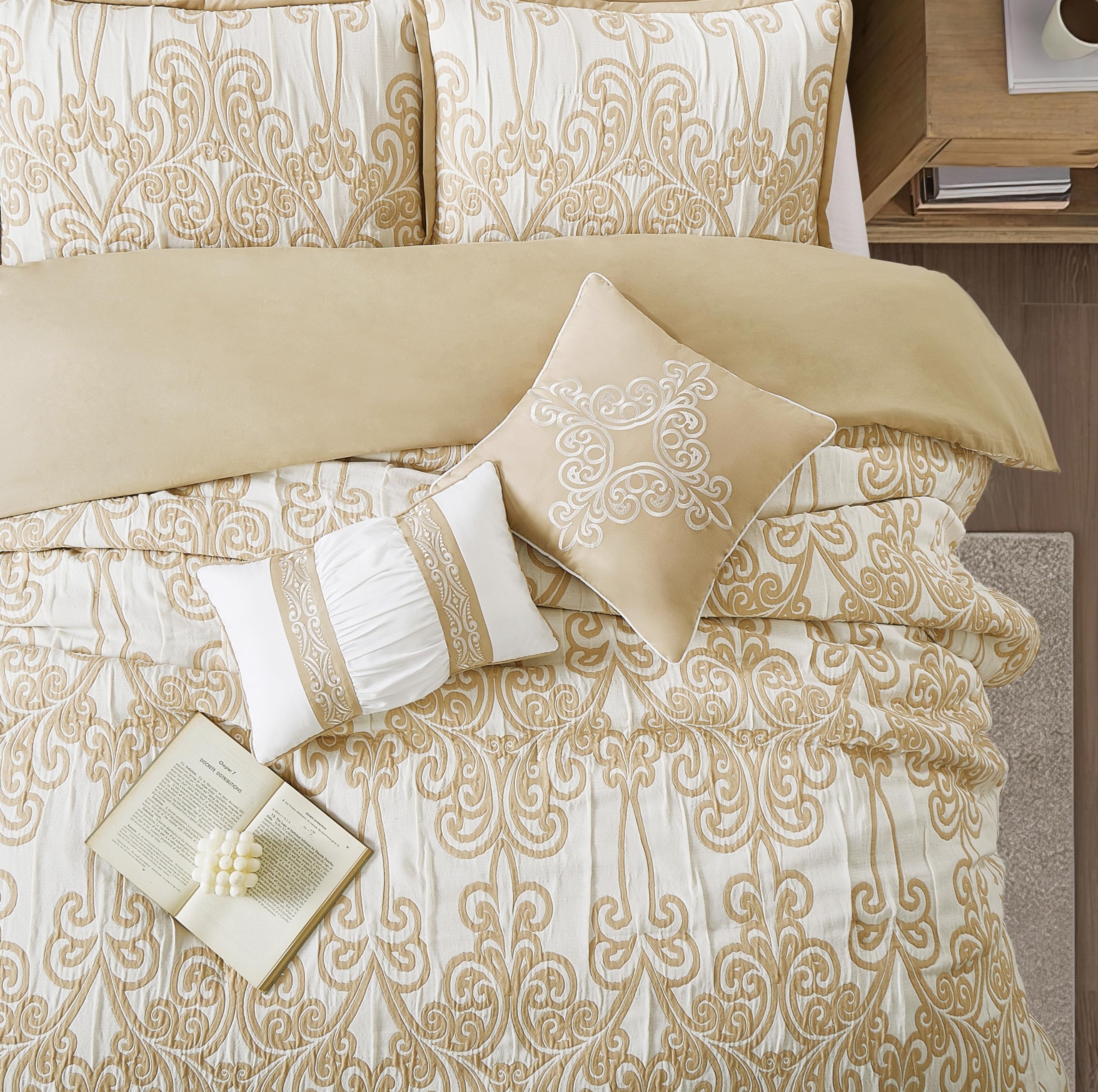 Beige and Gold Jacquard Floral Comforter Set - Queen Size 9 Piece