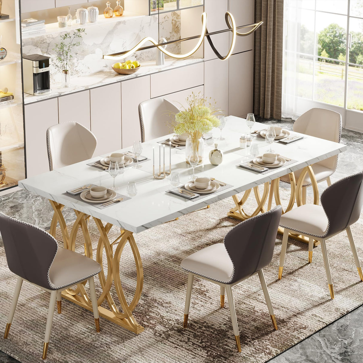 Modern Dining Table, 63" Large Kitchen Table for 4-6 People, Unique Rectangular Dinner Table Kitchen & Dining Room