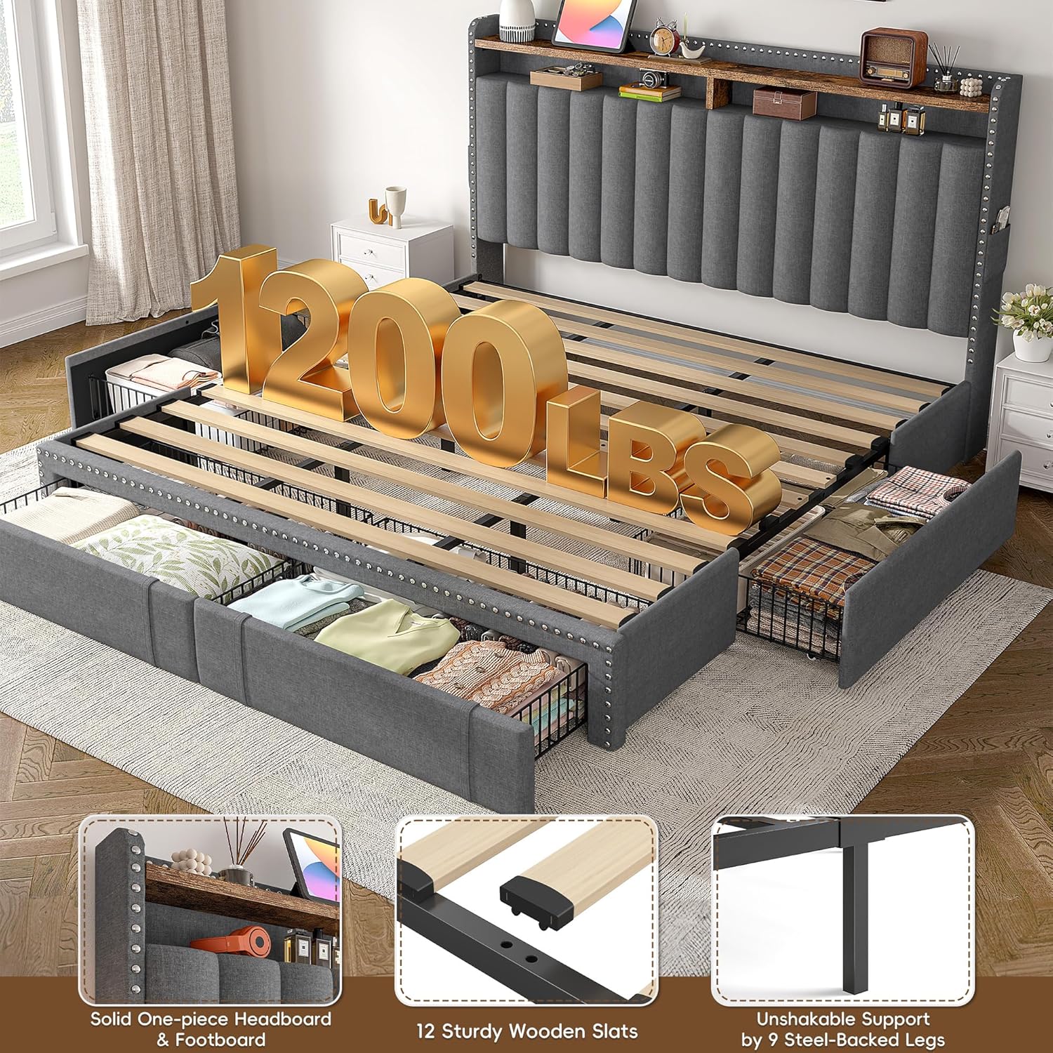 King Size Upholstered Bed Frame with 4 Storage Drawers and Headboard Shelves