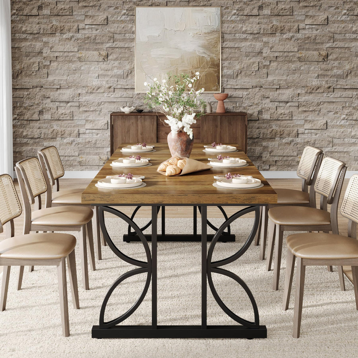 71" Dining Table for 6, Farmhouse Kitchen Dinner Table with Metal Frame, Rectangular Eating Desk, Dining Room