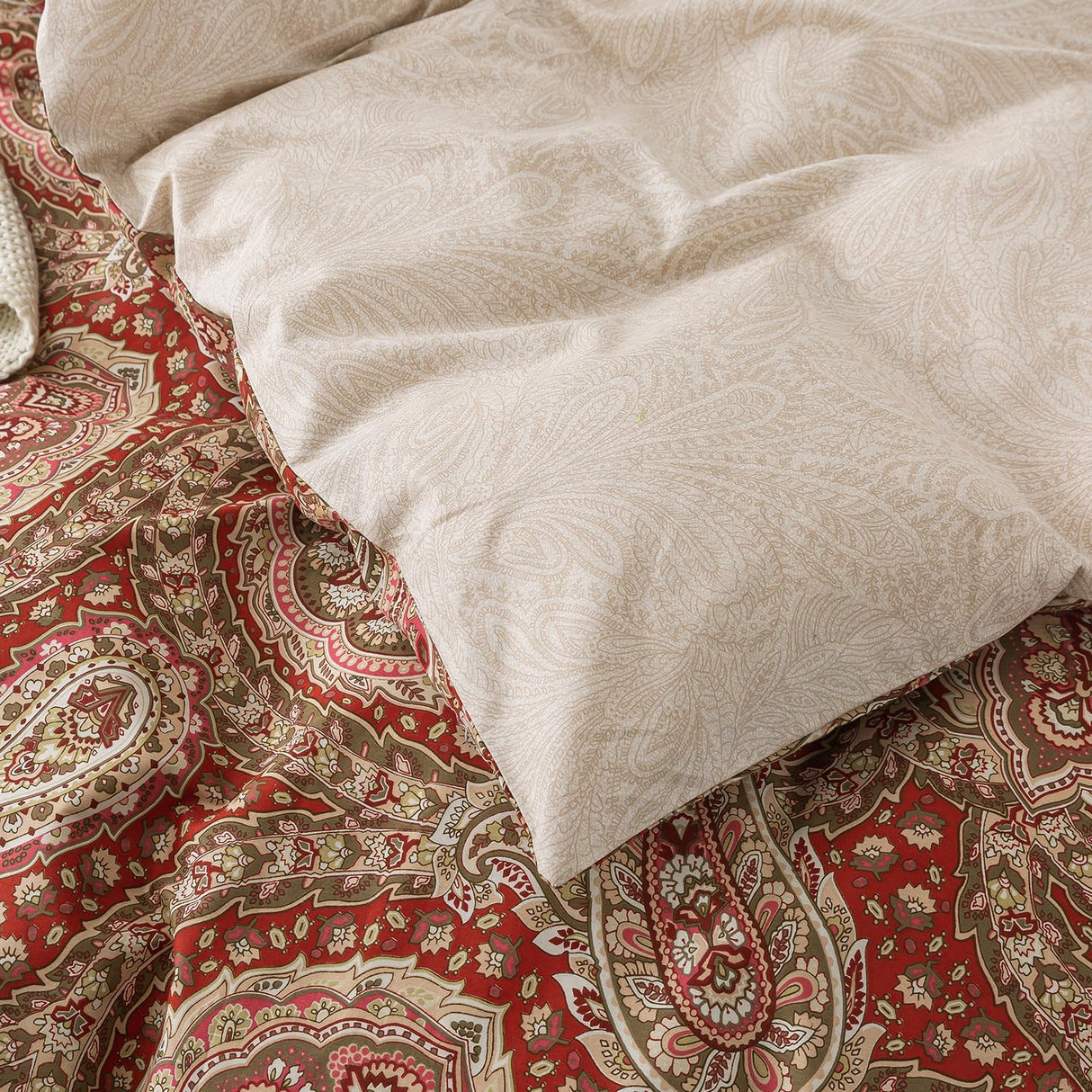 Burgundy Duvet Cover Set Queen Size 100% Percale Cotton Red Beige Paisley Comforter