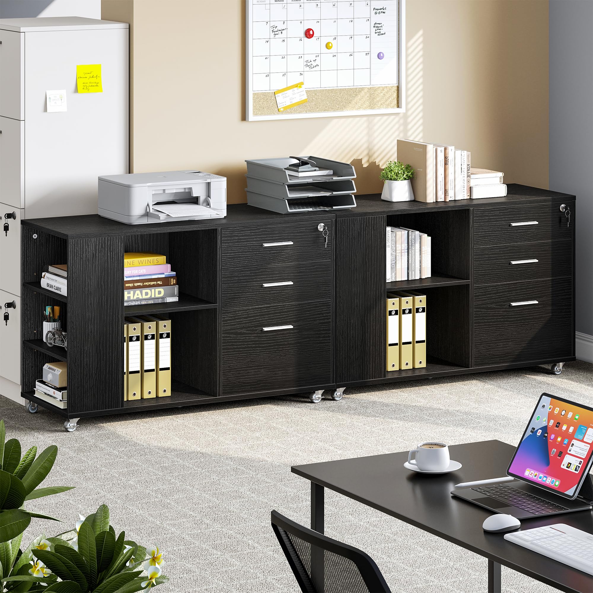 Mobile Wood File Cabinet, 3 Drawer Lateral Filing Cabinet, Black