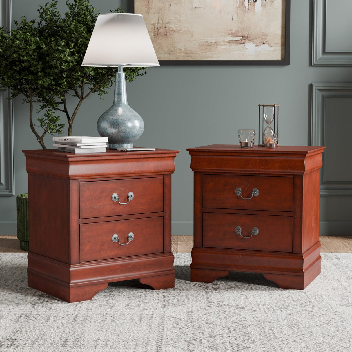 Furniture of America Arabella Traditional Solid Wood Nightstands Set of 2, Bedside Table with Drawers and Antique Nickle Handles, No Assembly Wooden Night Stands for Bedrooms, Guest Room, Dorm, Cherry