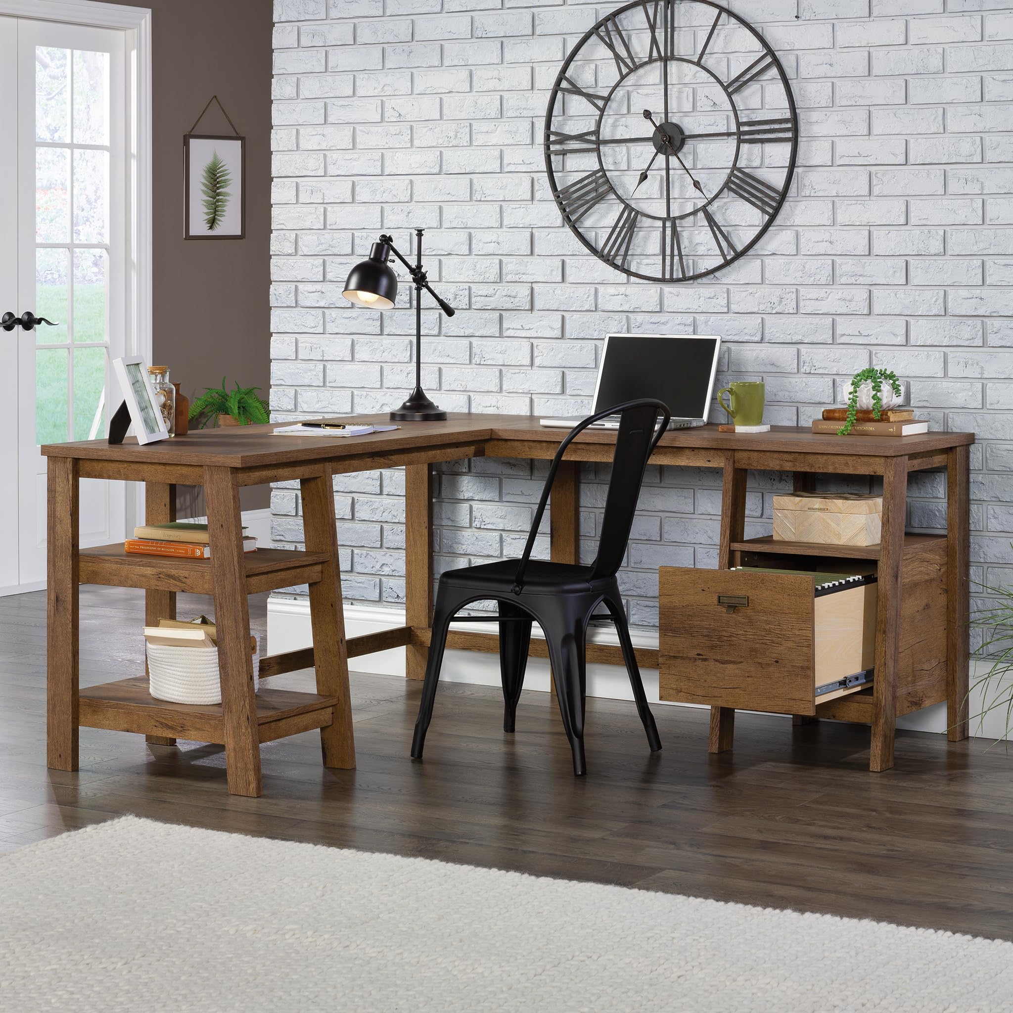 Trestle L-Desk, Vintage Oak Finish