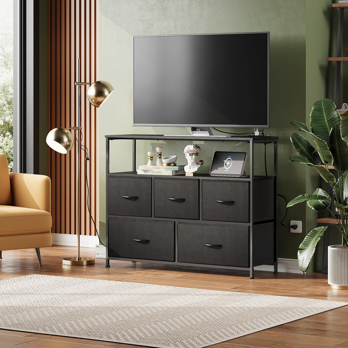 Black Dresser TV Stand for Bedroom Decor with Power Outlet, Chest of Drawers Fabric