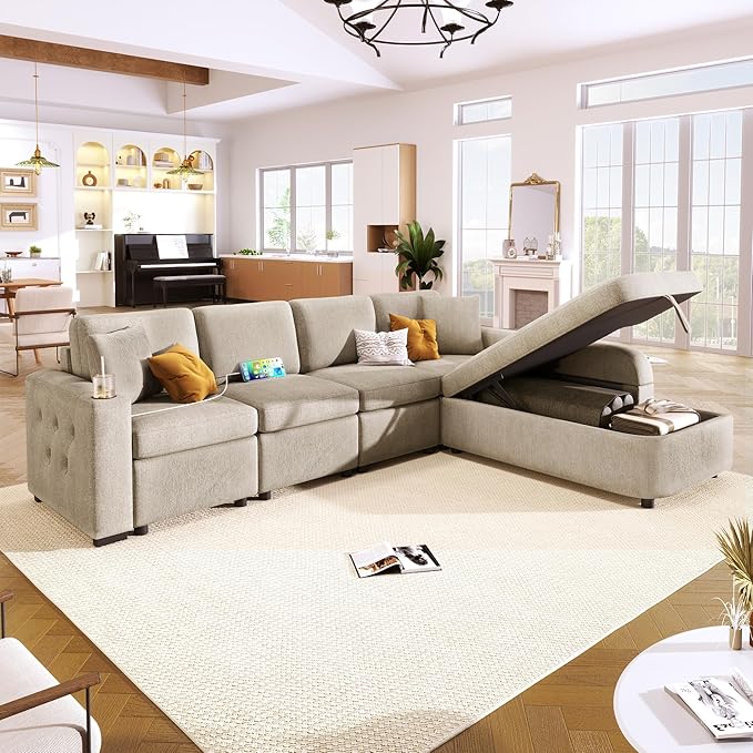 Modern Couch with Storage Chaise,Cup Holder and USB Ports, Reversible Sleeper Sofa