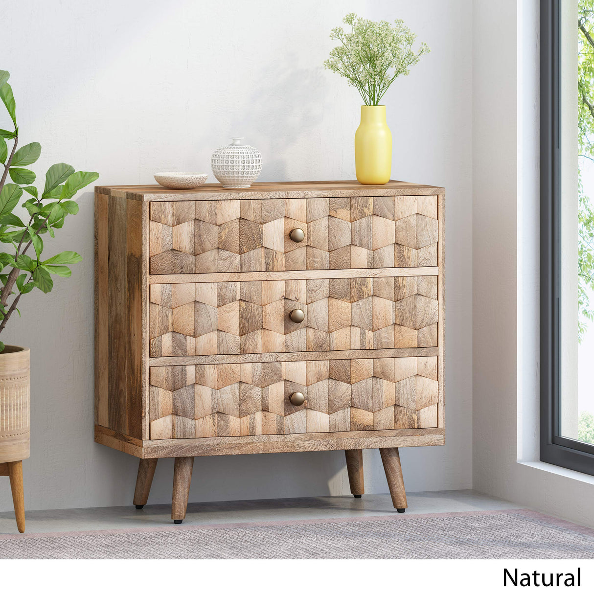 Mid-Century Modern Mango Wood 3 Drawer Chest, Natural