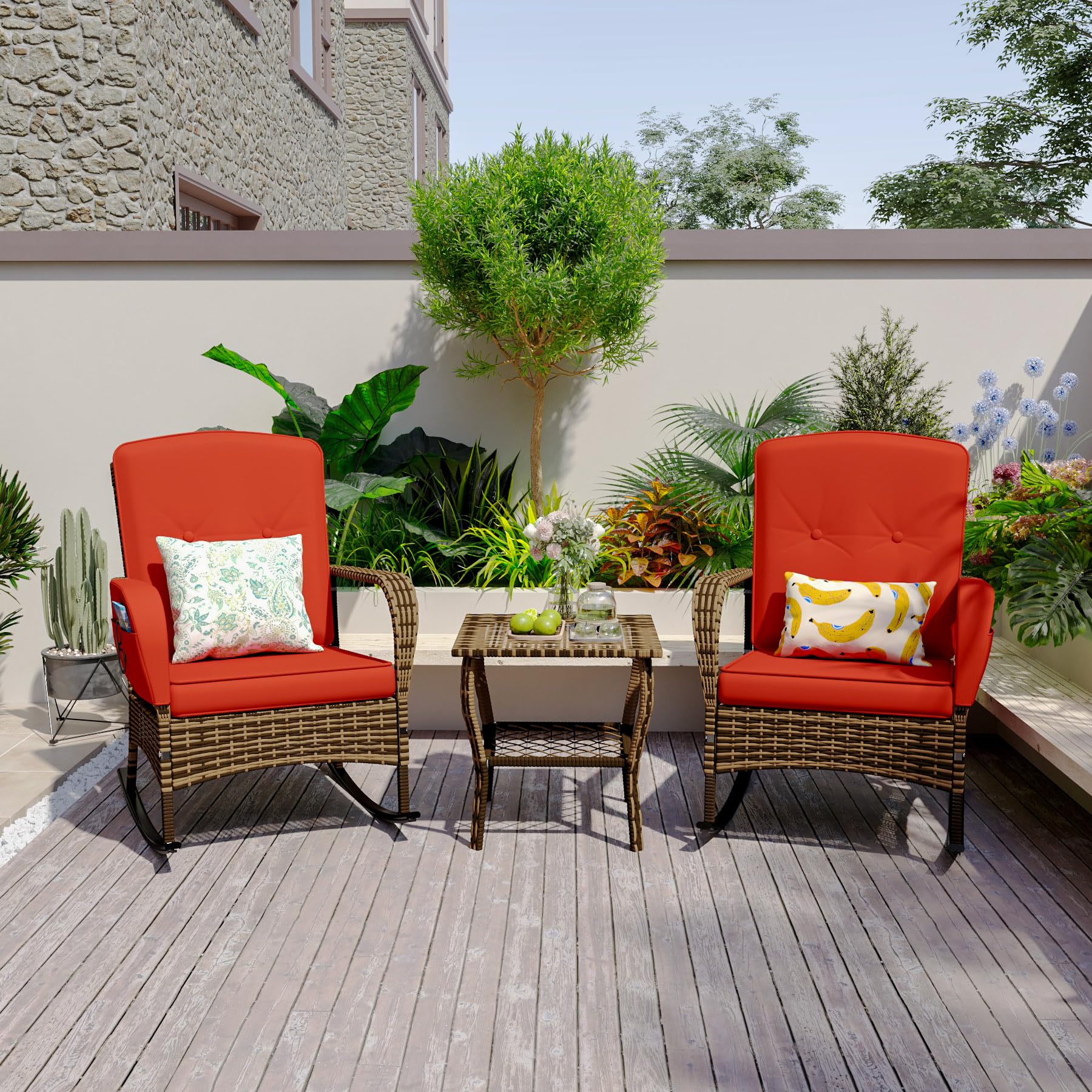 3-Piece Outdoor Wicker Rocking Chair Set with Cushions - Orange