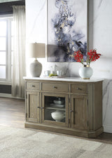 Zumala 3 Drawers Wooden Server with Marble Top in White and Weathered Oak