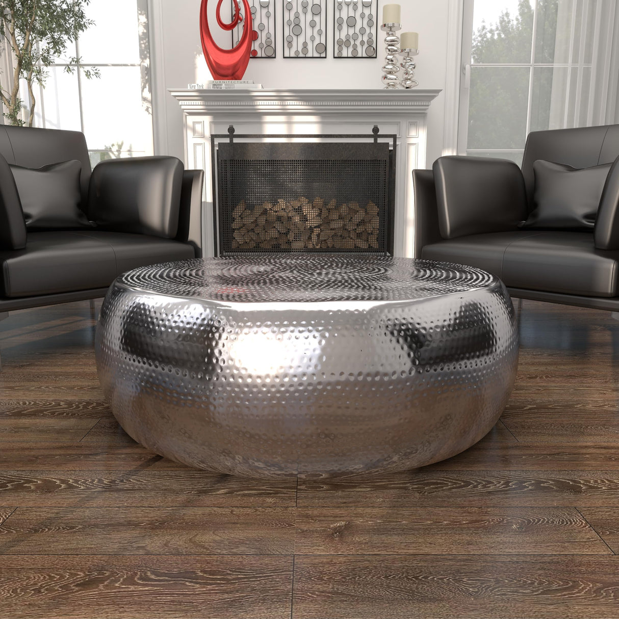 Aluminum Metal Living Room Coffee Table Drum Shaped Table with Hammered Design