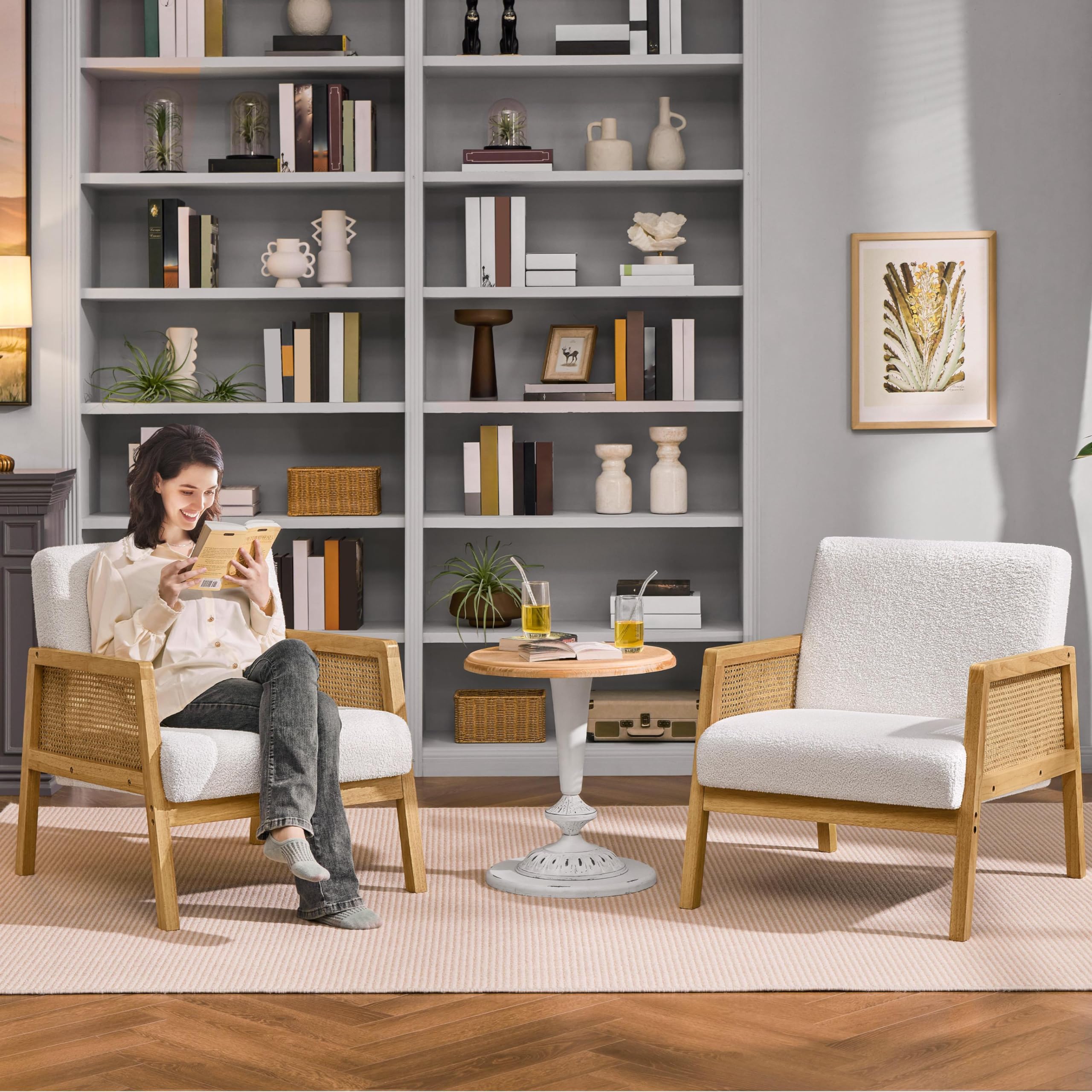 Boucle Fabric Accent Chair, Vintage Rattan Vanity Chair with Wood Armrest and Legs