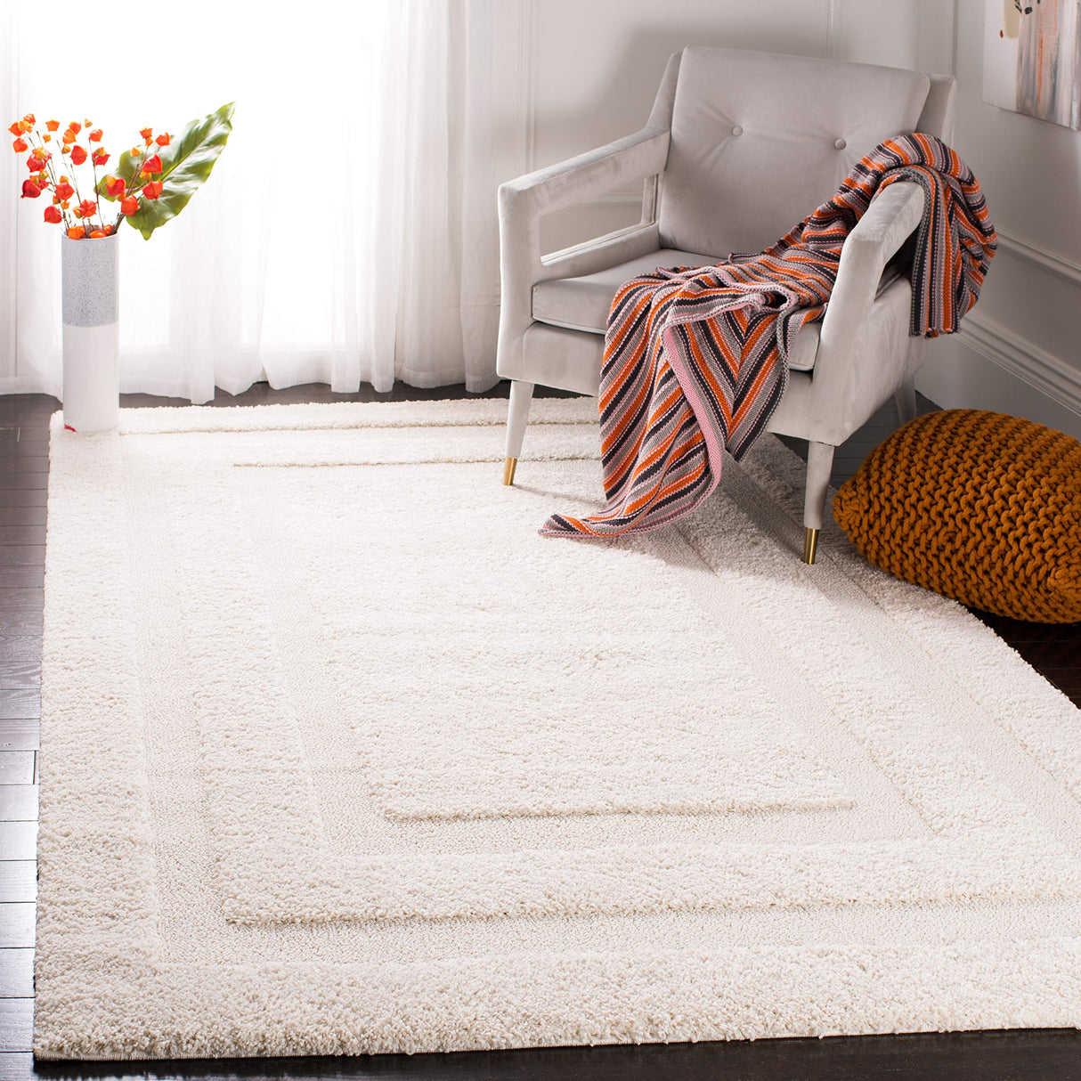 Florida Shag Collection Accent Rug - 2' x 3', Cream & Cream, Border Design