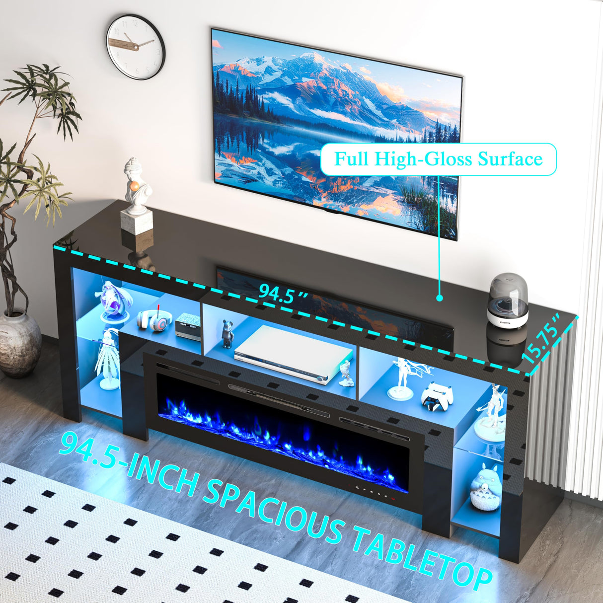 94.5" Fireplace TV Stand with LED Lighting & Charging Station
