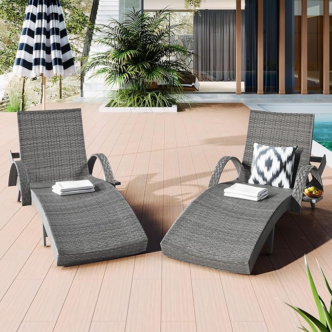 Outdoor Wicker Chaise Lounge Set of 2, Patio Rattan Furniture Reclining Chair Set