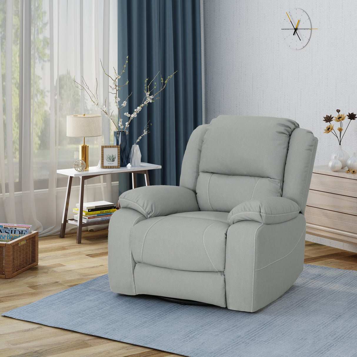 Teresa Classic Tufted Leather Swivel Recliner, Light Grey 37.5D x 39W x 39.75H Inch