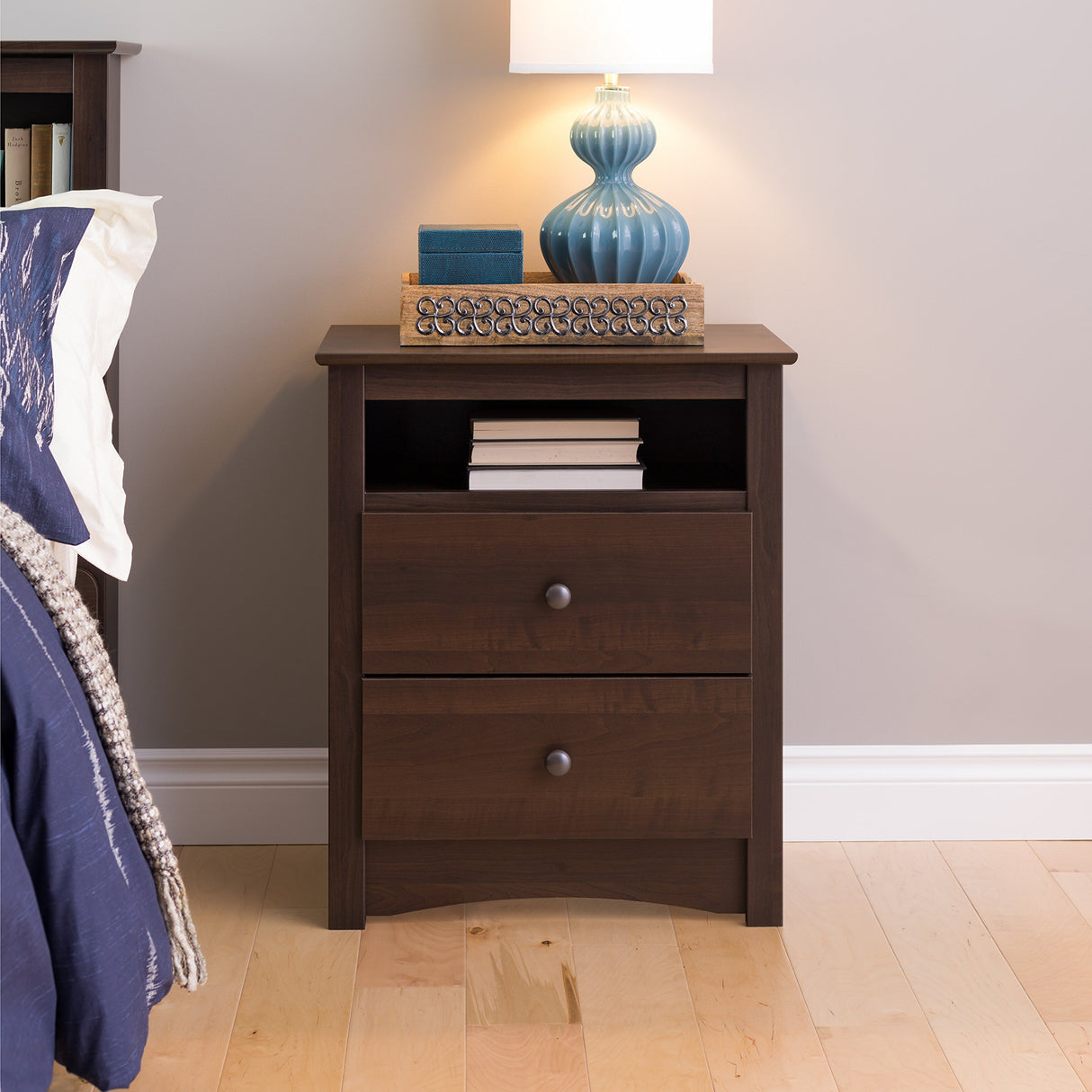 Fremont 2 Drawer Nightstand: Elegant Bedroom Furniture, Bedside Table with Open Shelf