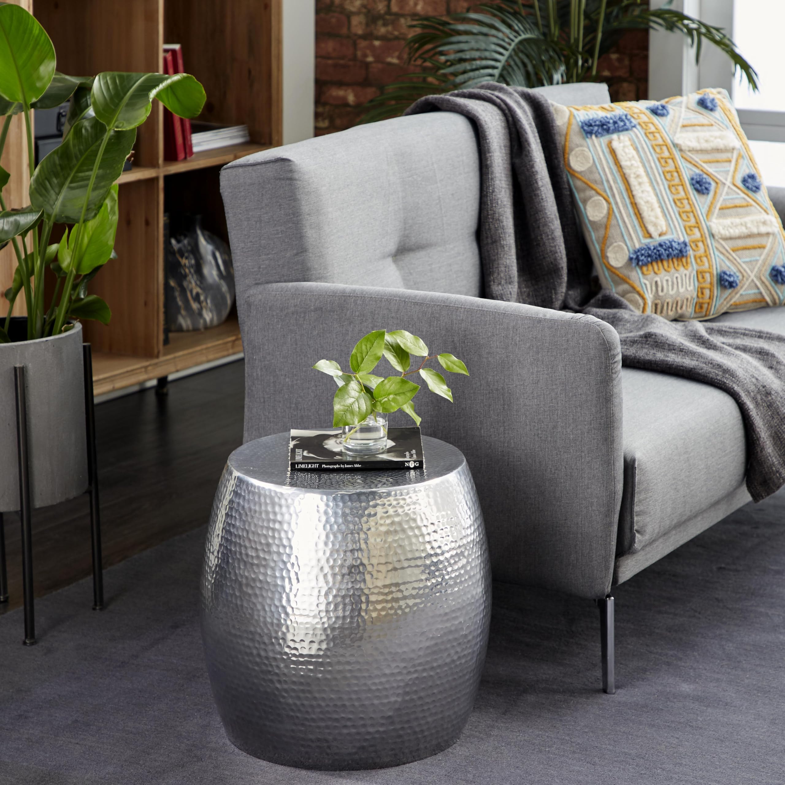 Aluminum Metal Side End Accent Table Drum Shaped End Table with Hammered Design