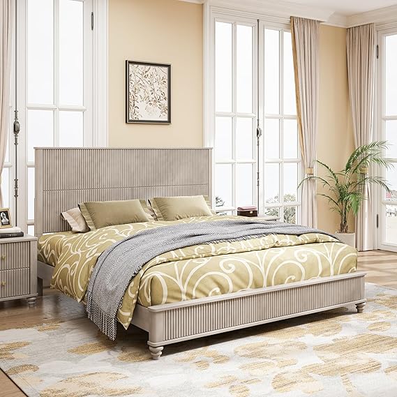 King Size Platform Bed Frame with Headboard - Walnut Finish