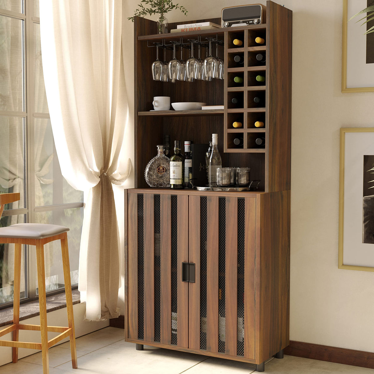 Wine Bar Cabinet for Liquor and Glasses with 12 Wine Bottle Racks