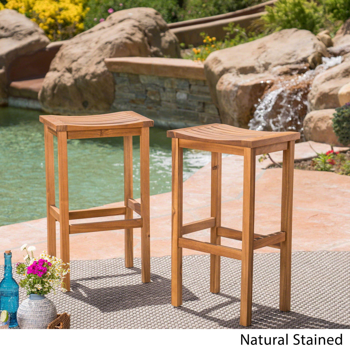 Caribbean Outdoor 30" Acacia Wood Barstools, 2-Pcs Set, Natural Stained