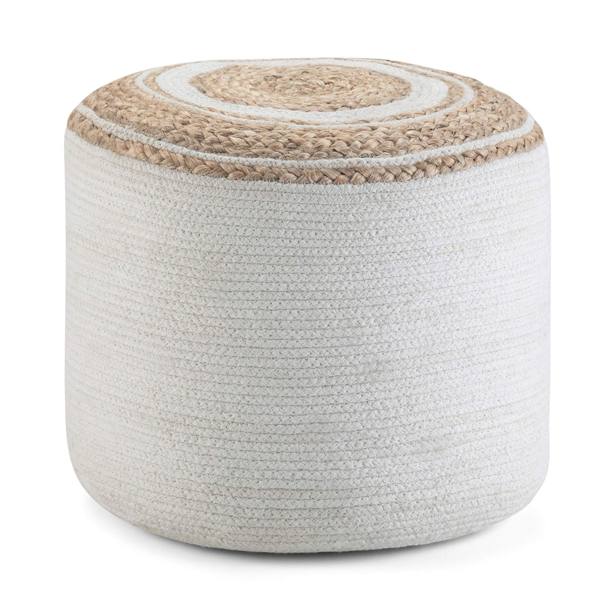 Serena Round Pouf, Footstool, Upholstered in Natural Cotton with Hand Braided Jute