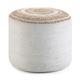 Serena Round Pouf, Footstool, Upholstered in Natural Cotton with Hand Braided Jute