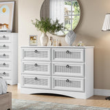 6 Drawer Dresser for Bedroom, White Rattan Dresser with 6 Storage Drawers, Wooden Chest of Drawers with Natural Texture, Storage Drawer Organizer for Living Room, Closet, Hallway