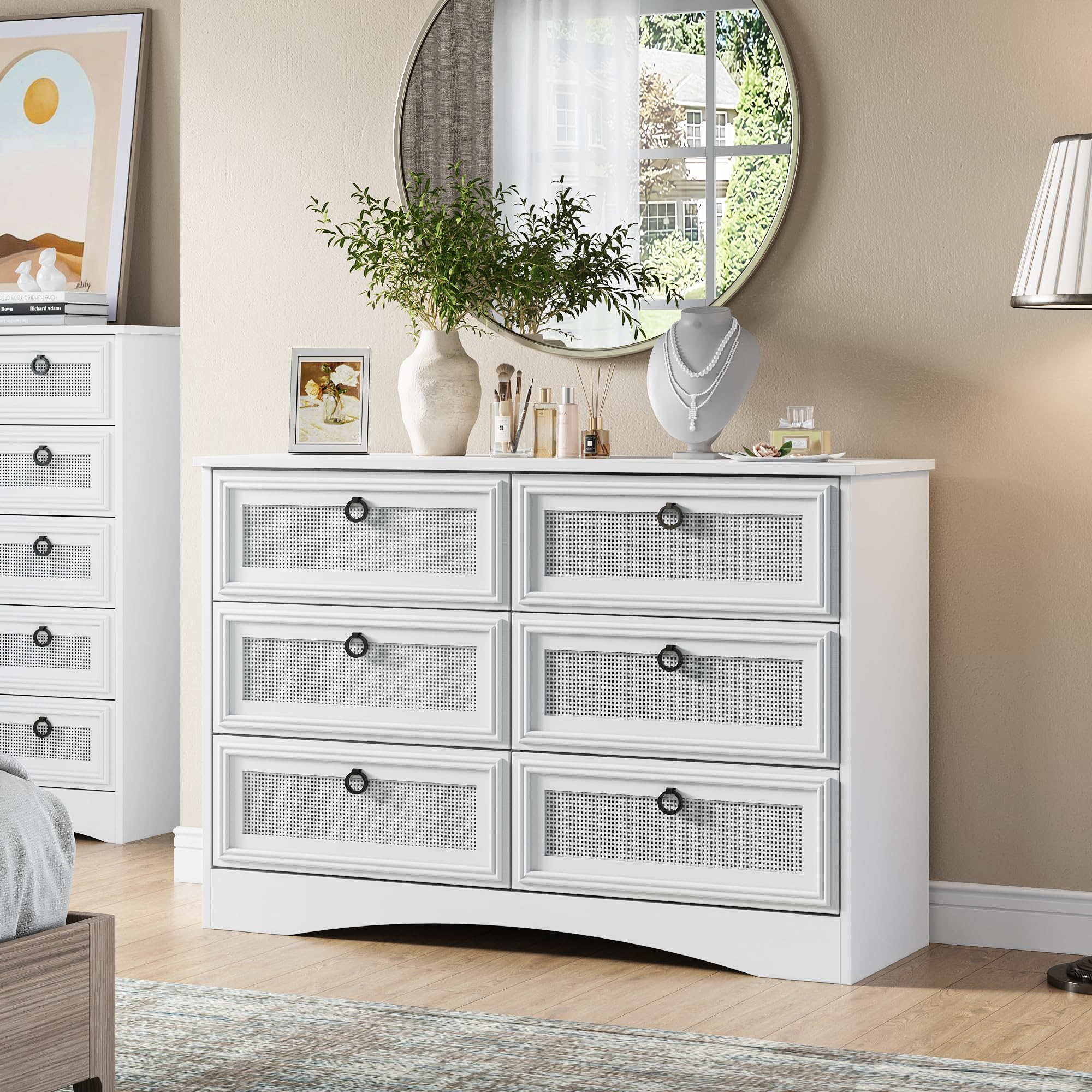 6 Drawer Dresser for Bedroom, White Rattan Dresser