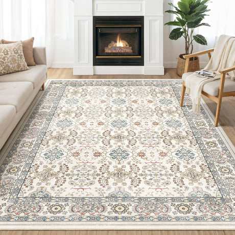 8x10 Area Rugs for Living Room: Vintage Boho Floral Print Rug, Ultra Thin Stain Resistant