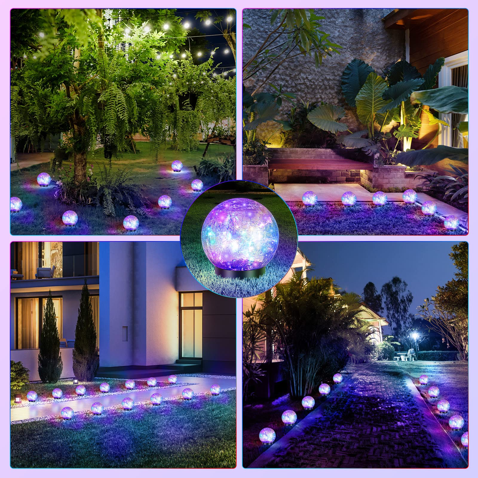 4 Pcs Solar Lights Decorative, Cracked Glass Ball Solar Globe Lights, LED Colored Garden
