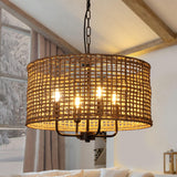 20in Rattan Chandelier 4-Light Wicker Boho Hand Woven Drum Shade Farmhouse