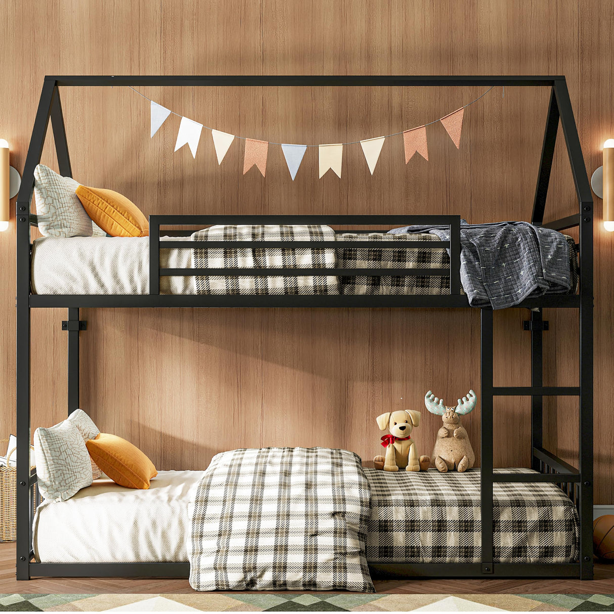 Bunk Bed Twin Over Twin, House Bunk Bed Frame with Ladder and Guardrail