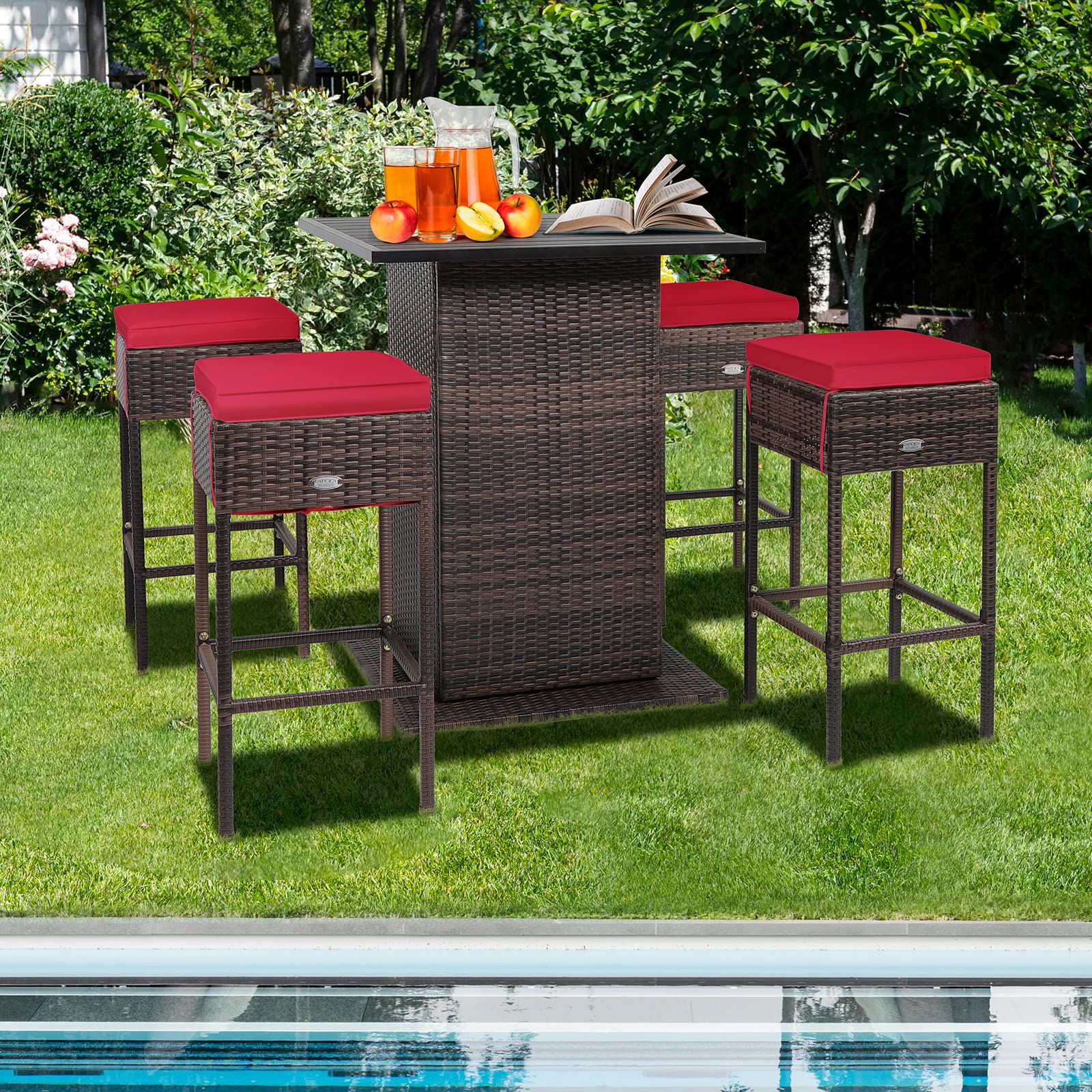 5-Piece Outdoor Bar Set, Wicker Rattan Bar Height Patio Set w/4 Cushion Bar Stools