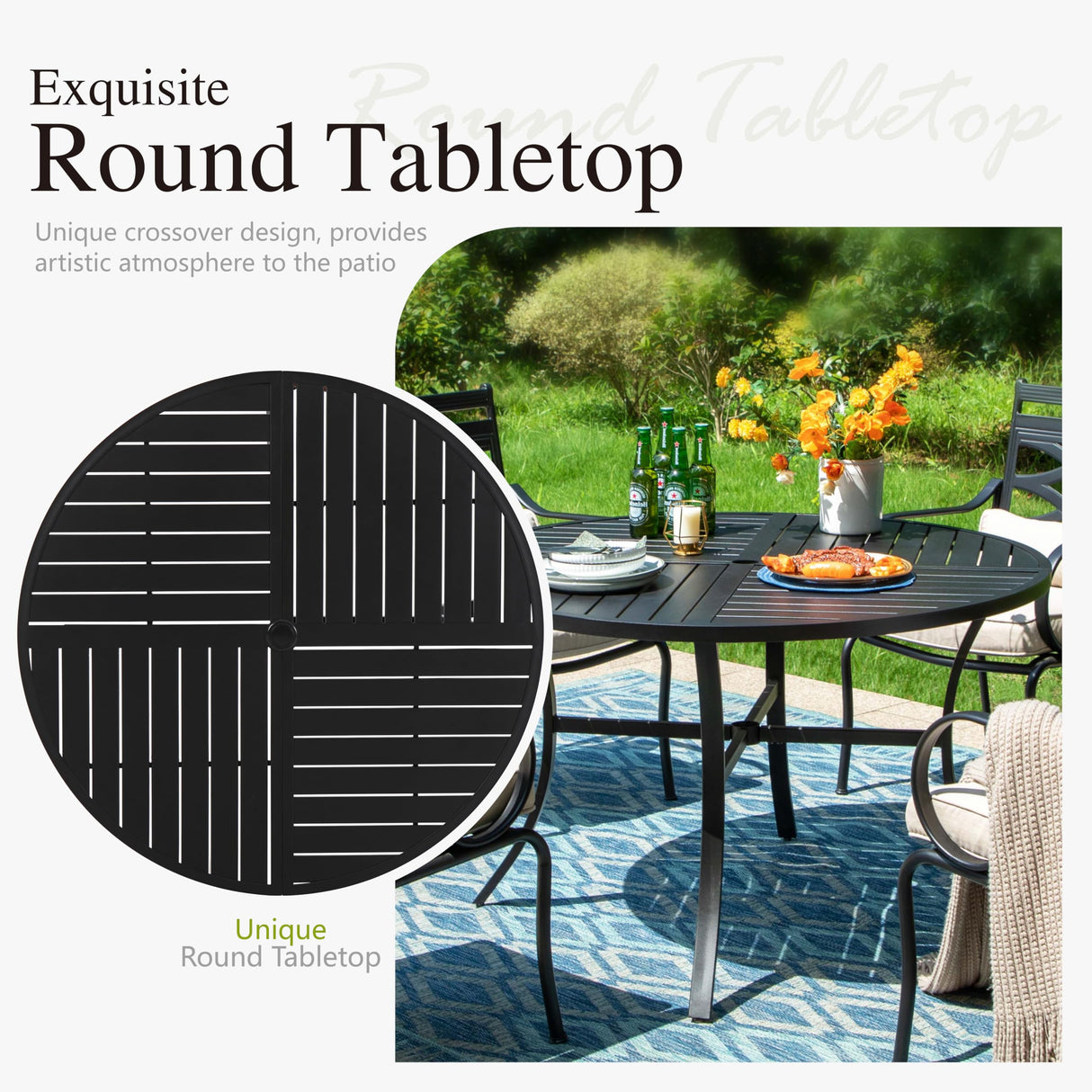 Round Patio Table, Black Metal Outdoor Dining Table for 4