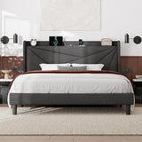 King Size Bed Frame, Modern Bed Frame with Charging Station, Wingback Storage