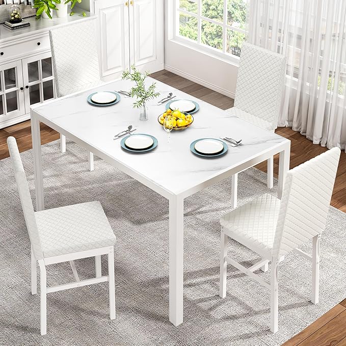 Dining Room Table Set for 4, 5-Piece Kitchen Table Chairs Set of 4, Glass Dining Table & PU Leather Chairs,