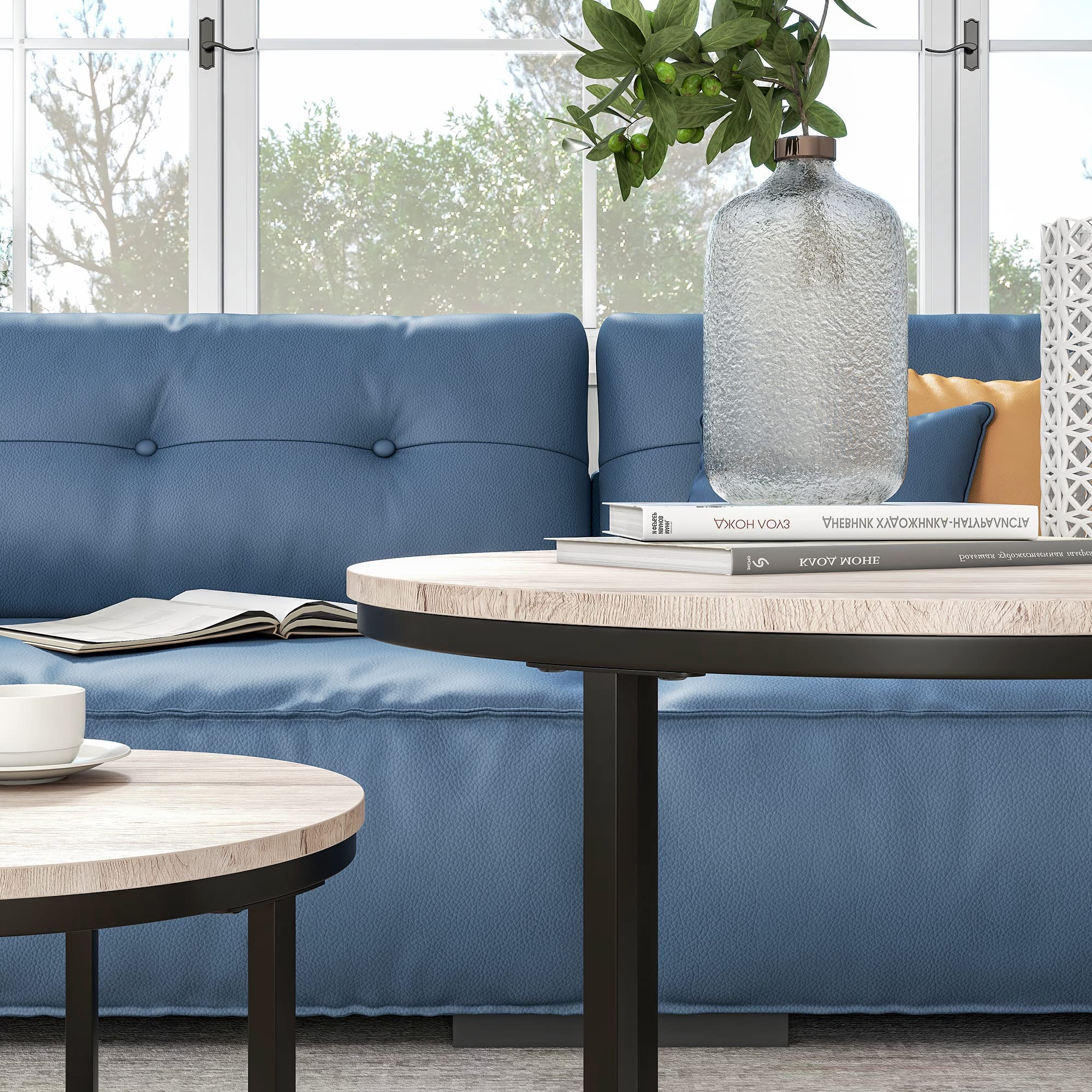 Industrial Round Coffee Table Set of 2 for Living Room,Rustic Small Wood Coffee Table