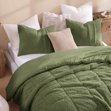 King Size Comforter Set, Olive Green Ultra Soft Fuzzy Sherpa Fleece Comforter