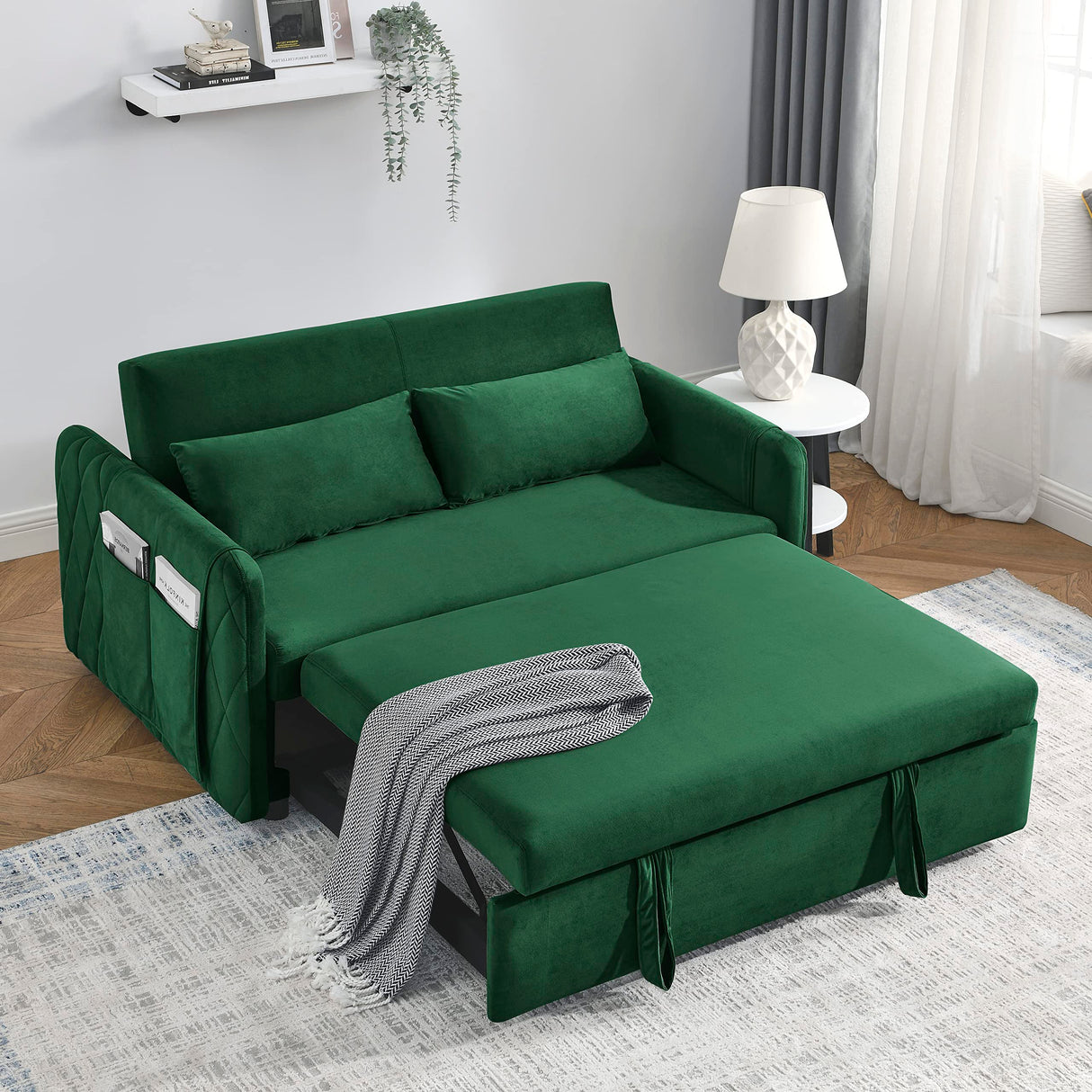 HomSof 55" Modern Convertible Sofa Bed with 2 Detachable Arm Pockets, Velvet Loveseat Sofa with Pull Out Bed, 2 Pillows and Living Room Adjustable Backrest, Grid Design Armrests, Green 4