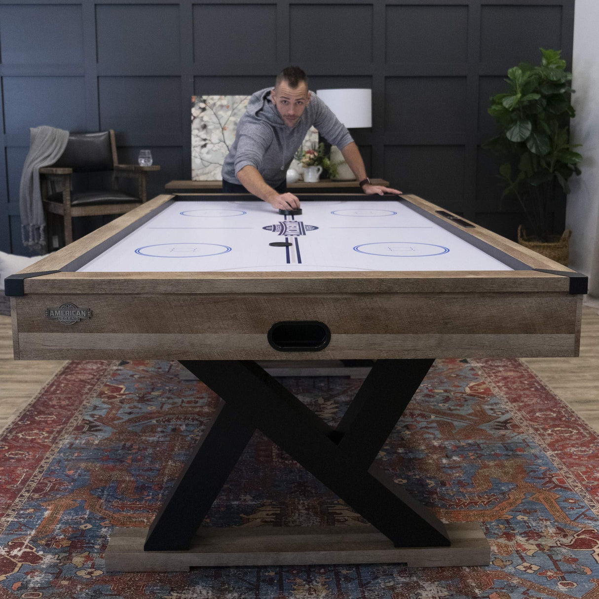 Kirkwood 84” Air Powered Hockey Table with Rustic Wood Finish, K-Shaped Legs