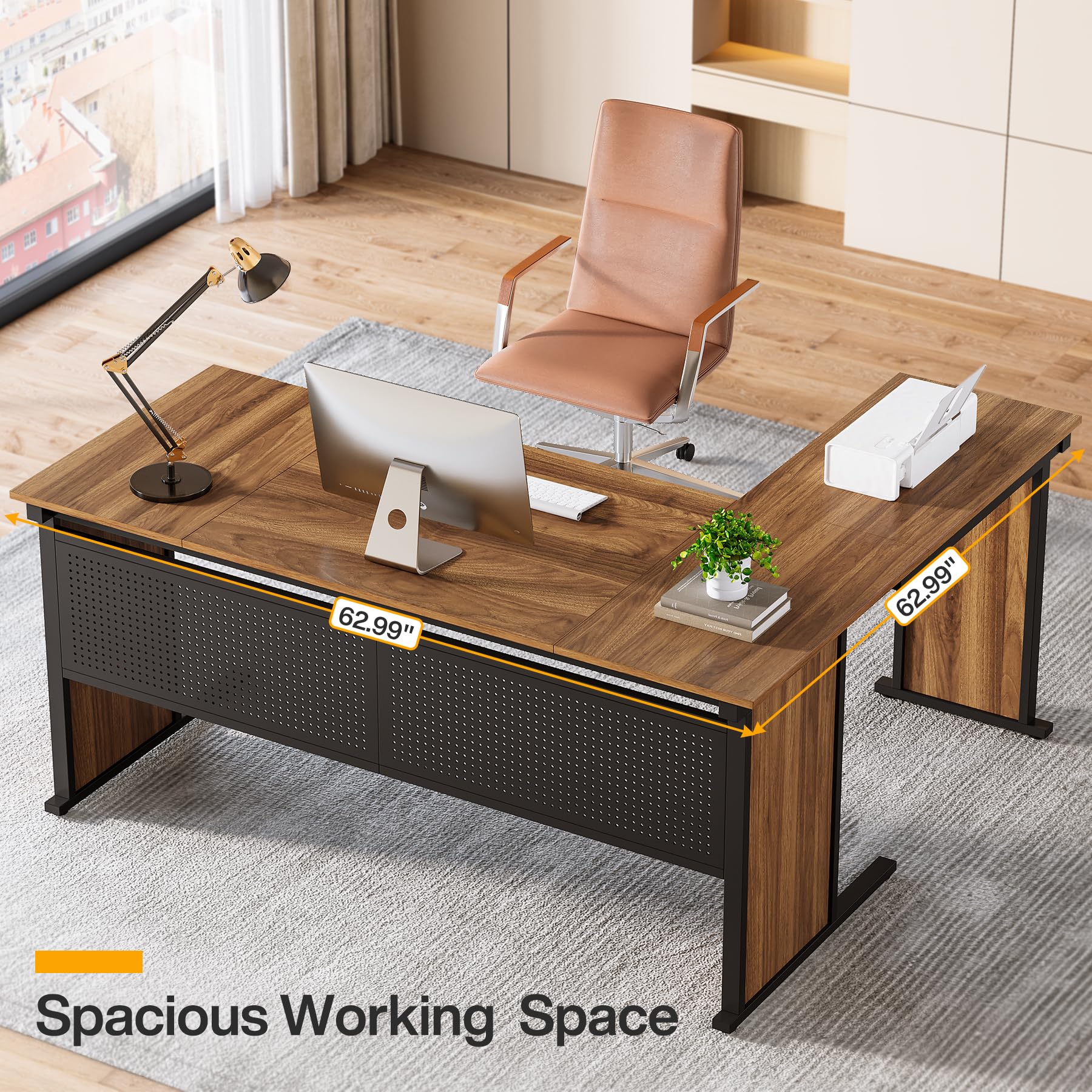 63" L-Shaped Executive Desk, Large Office Desk with Front Baffle, Modern Computer Desk Workstation Business Furniture for Home Office, Walnut & Black