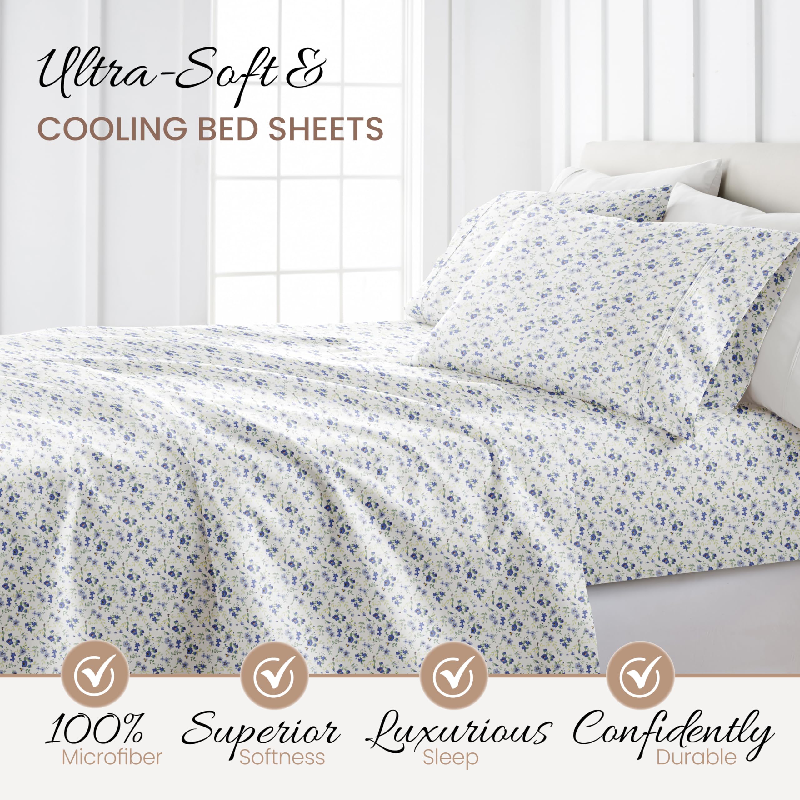 4 Piece Queen Sheet Set (Light Blue Floral) - Sleep Better Than Ever