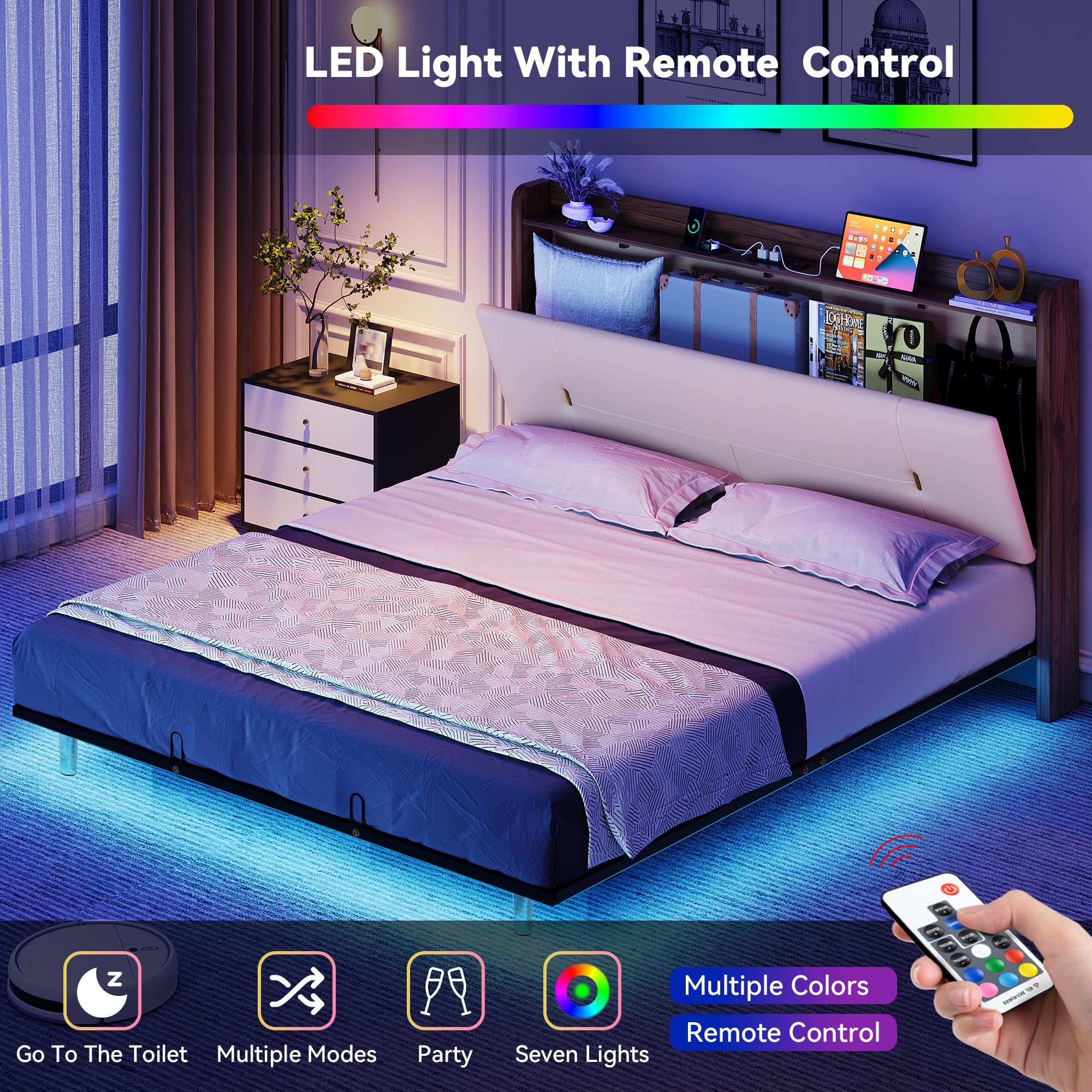 YITAHOME Queen Size Floating Bed Frame with RGB LED Lights Storage Headboard, Upholstered Platform Bed with USB-C/A Charging Station, No Box Spring Required, Light Gray (Beige)